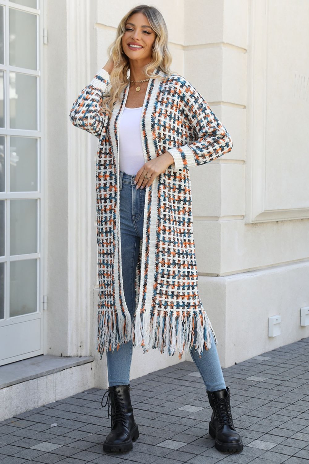 LADIES--Multicolored, Open Front, Fringed Hem, Long Cardigan