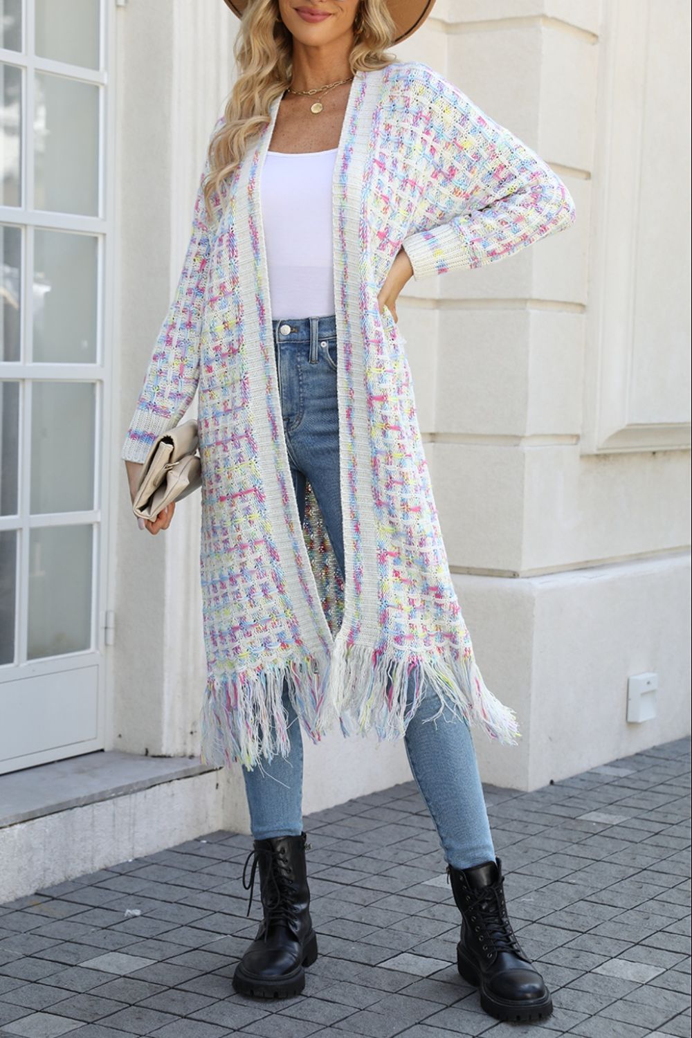 LADIES--Multicolored, Open Front, Fringed Hem, Long Cardigan