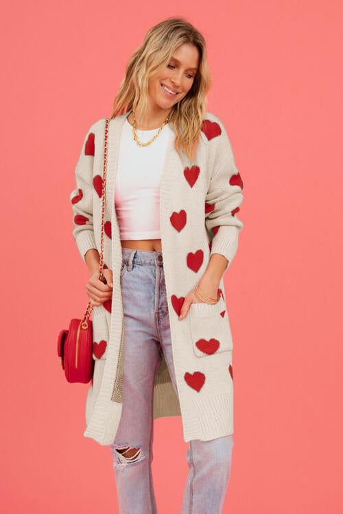Ladies -- Long Sweater with Hearts - Open Front Cardigan with Pockets