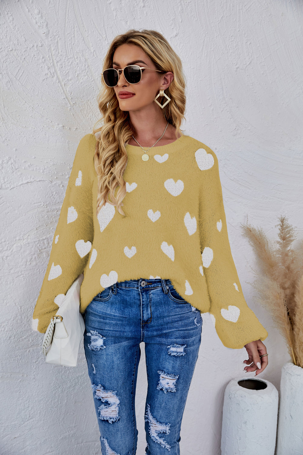 LADIES--HEART Fuzzy, Fun and Beautiful Sweater, Heart Print, Crewneck Long Sleeve Sweater