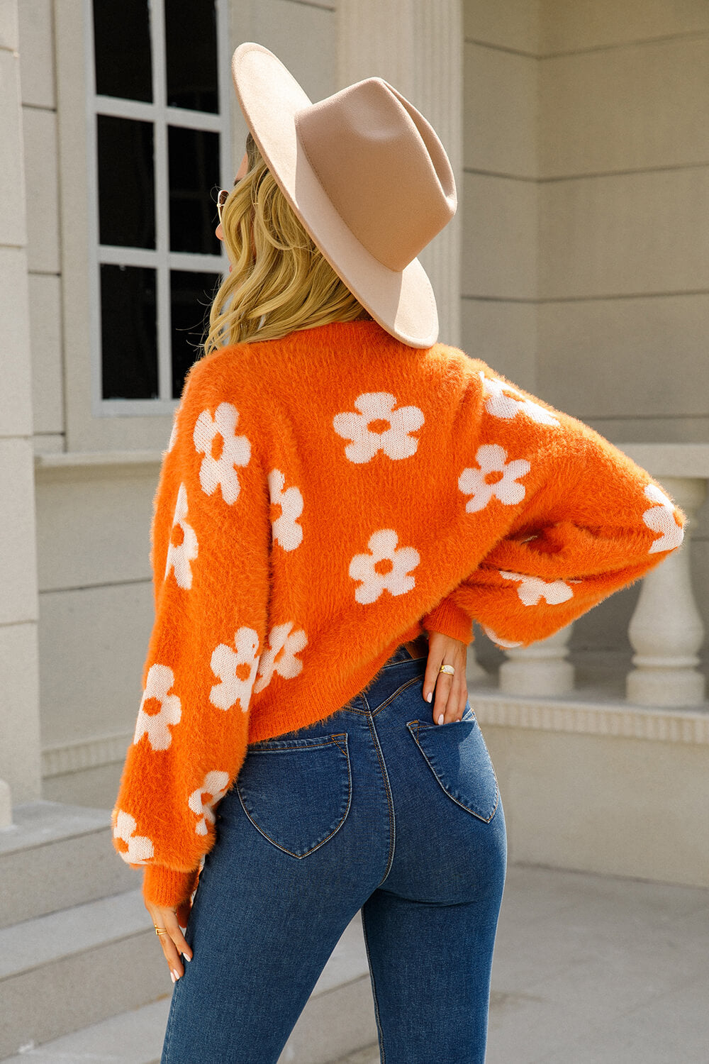 LADIES--SWEATER—Floral Open Front Fuzzy Cardigan—  Make your own statement