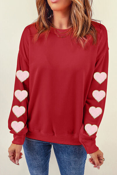 Ladies - Shirt - Heart Round Neck Dropped Shoulder Sweatshirt