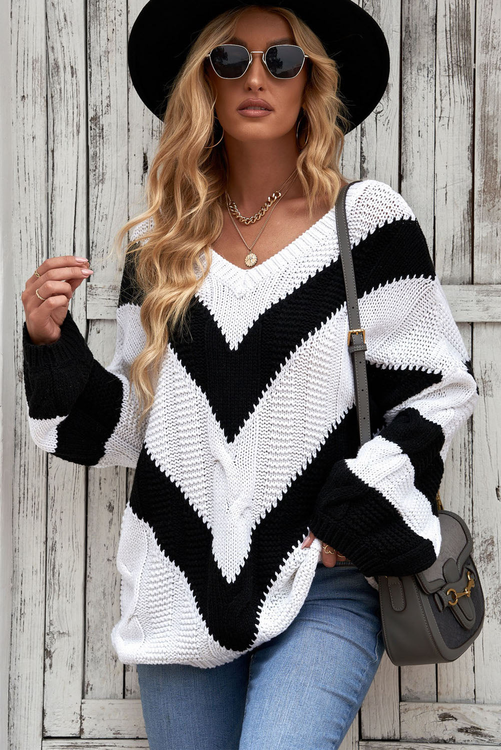 LADIES--Sexy, Off-The-Shoulder, Cable-Knit, V-Neck Sweater