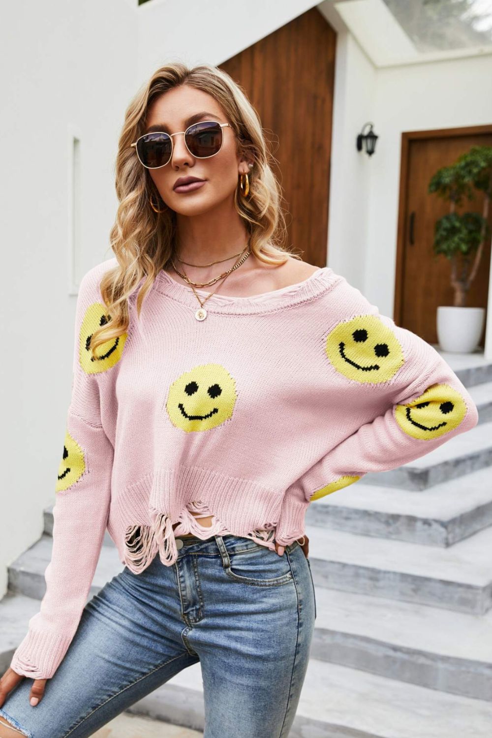 LADIES--Smiley Face Distressed Round Neck Sweater