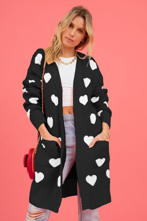 Ladies -- Long Sweater with Hearts - Open Front Cardigan with Pockets