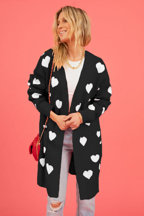 Ladies -- Long Sweater with Hearts - Open Front Cardigan with Pockets