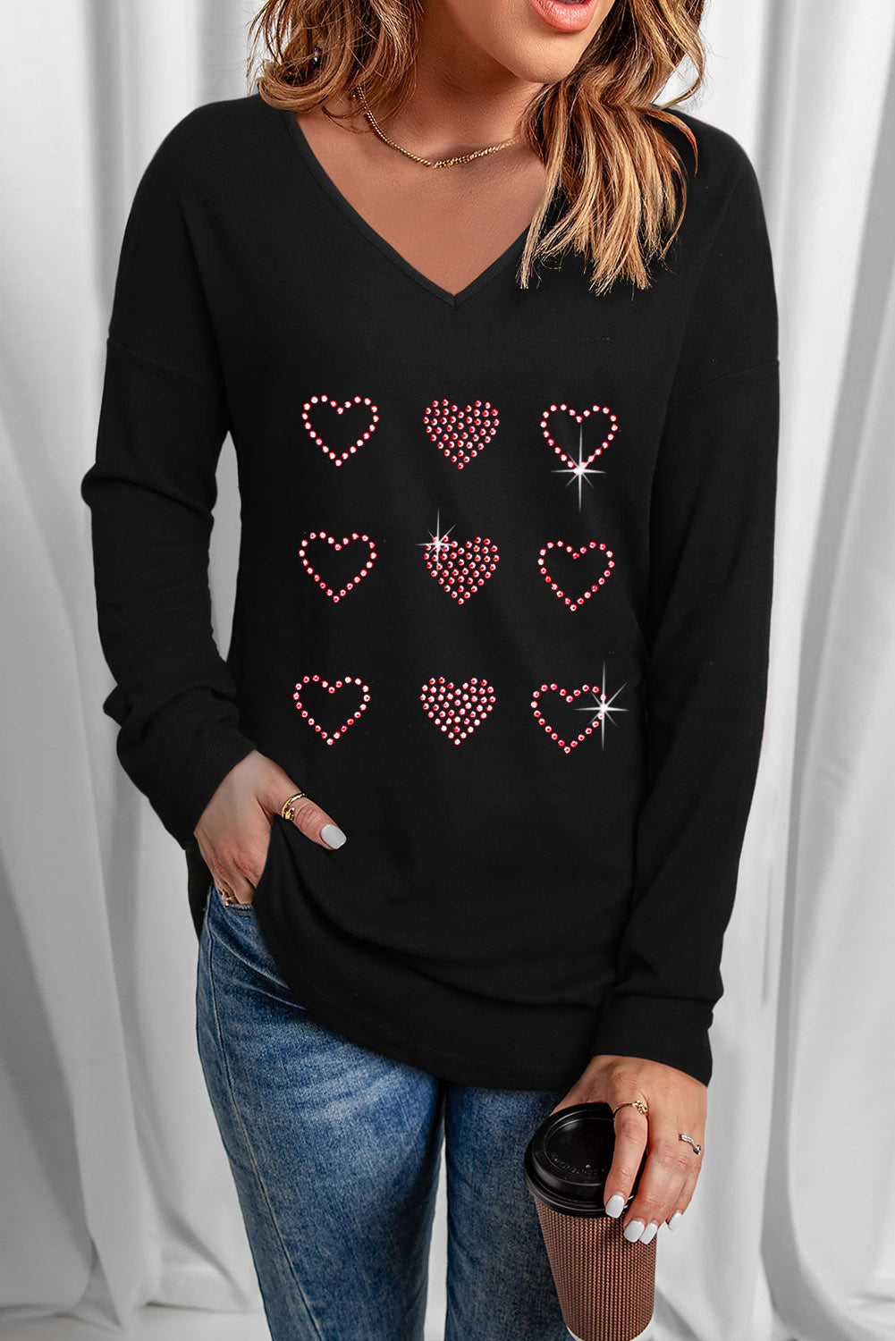 LADIES—Heart V-Neck Long Sleeve Tee