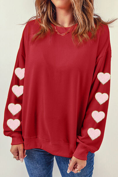 Ladies - Shirt - Heart Round Neck Dropped Shoulder Sweatshirt