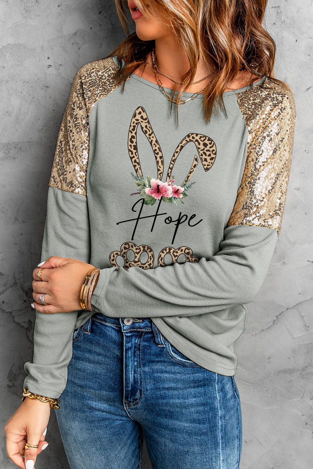 LADIES-T-Shirt—Bunny—Leopard Sequin Round Neck Long Sleeve Top