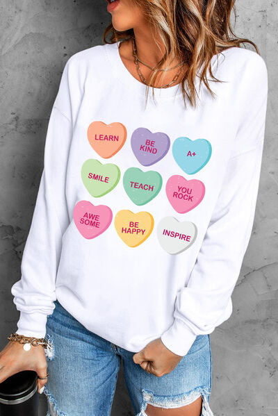 Ladies - Valentines' Heart Round Neck Dropped Shoulder Sweatshirt