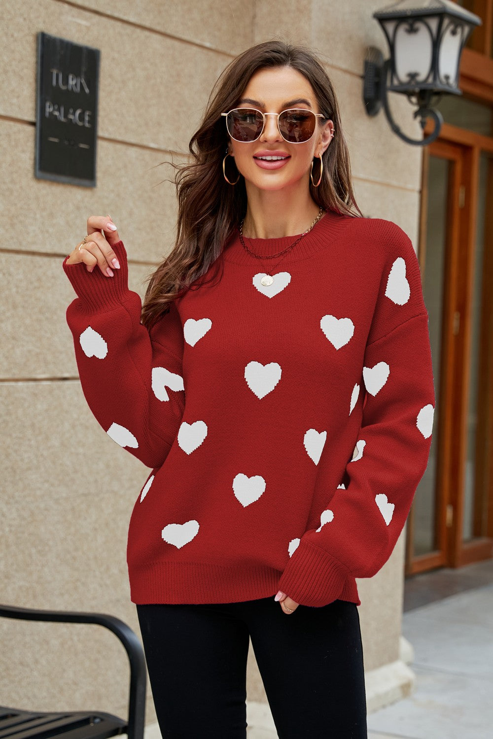 LADIES--Heart Pattern, Round Neck, Long Sweater