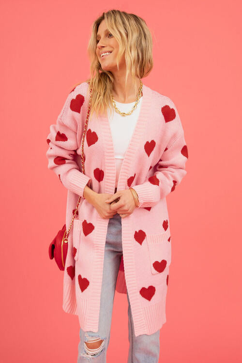 Ladies -- Long Sweater with Hearts - Open Front Cardigan with Pockets