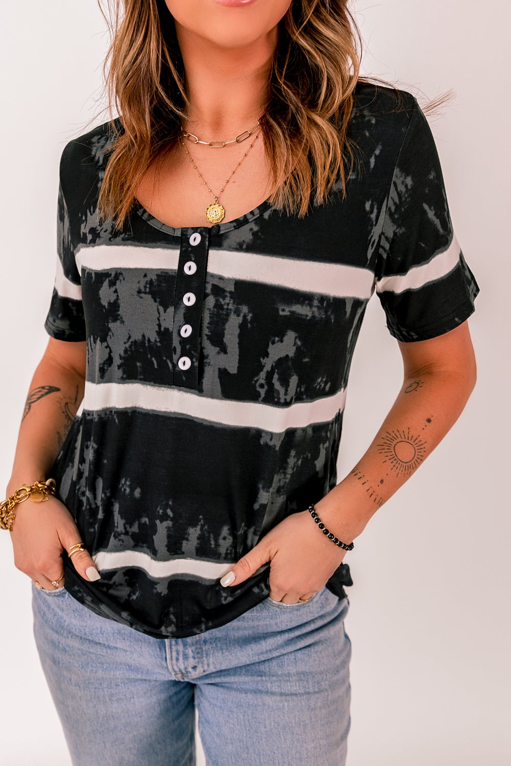 Ladies—Tie-Dye Henley T-Shirt