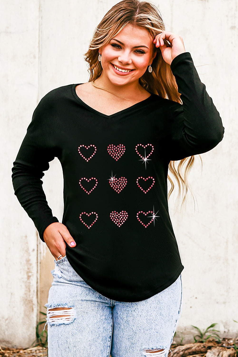 LADIES—Heart V-Neck Long Sleeve Tee