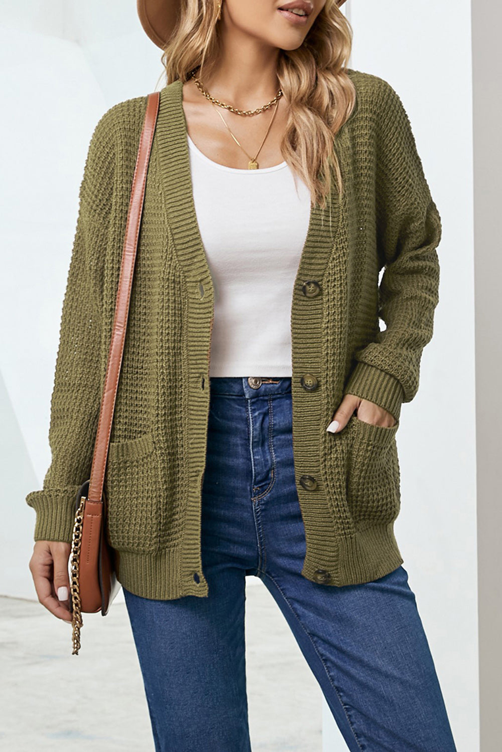 LADIES--Comfy Sweater--Drop Shoulder Button Down Pocketed Cardigan