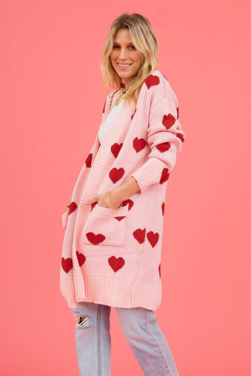 Ladies -- Long Sweater with Hearts - Open Front Cardigan with Pockets