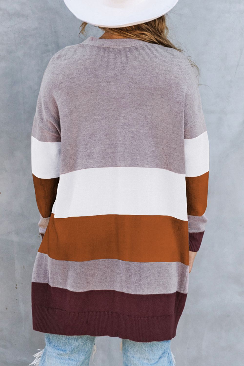 LADIES--Color Block, Open Front, Ribbed Knit, Cuff, Long Cardigan with Pockets
