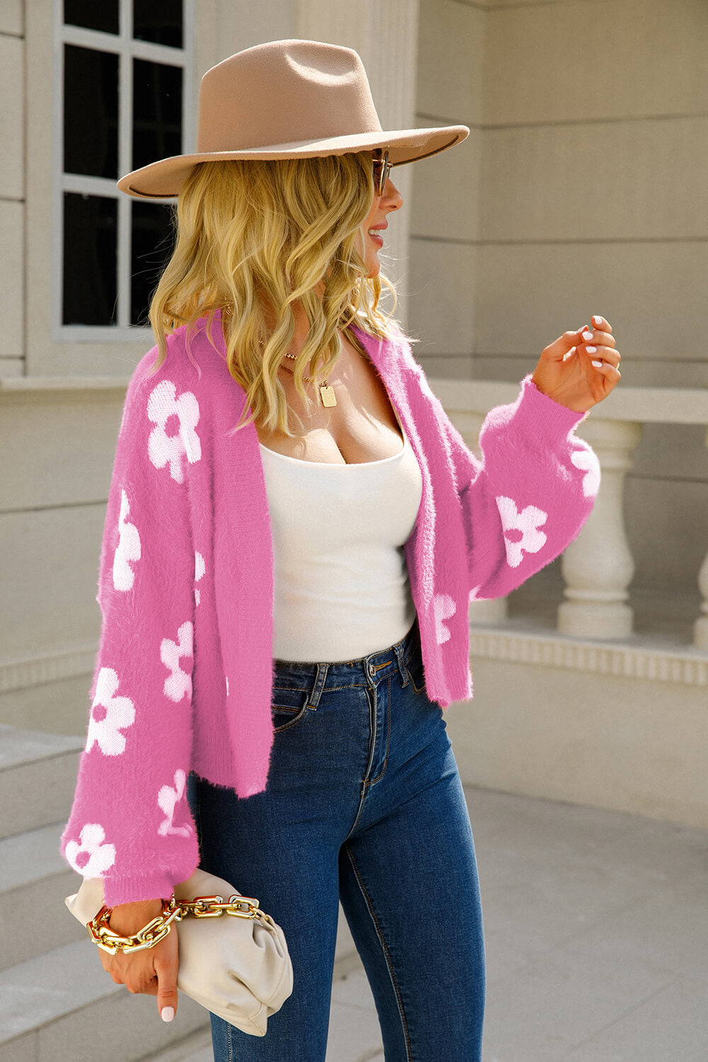 LADIES--SWEATER—Floral Open Front Fuzzy Cardigan—  Make your own statement