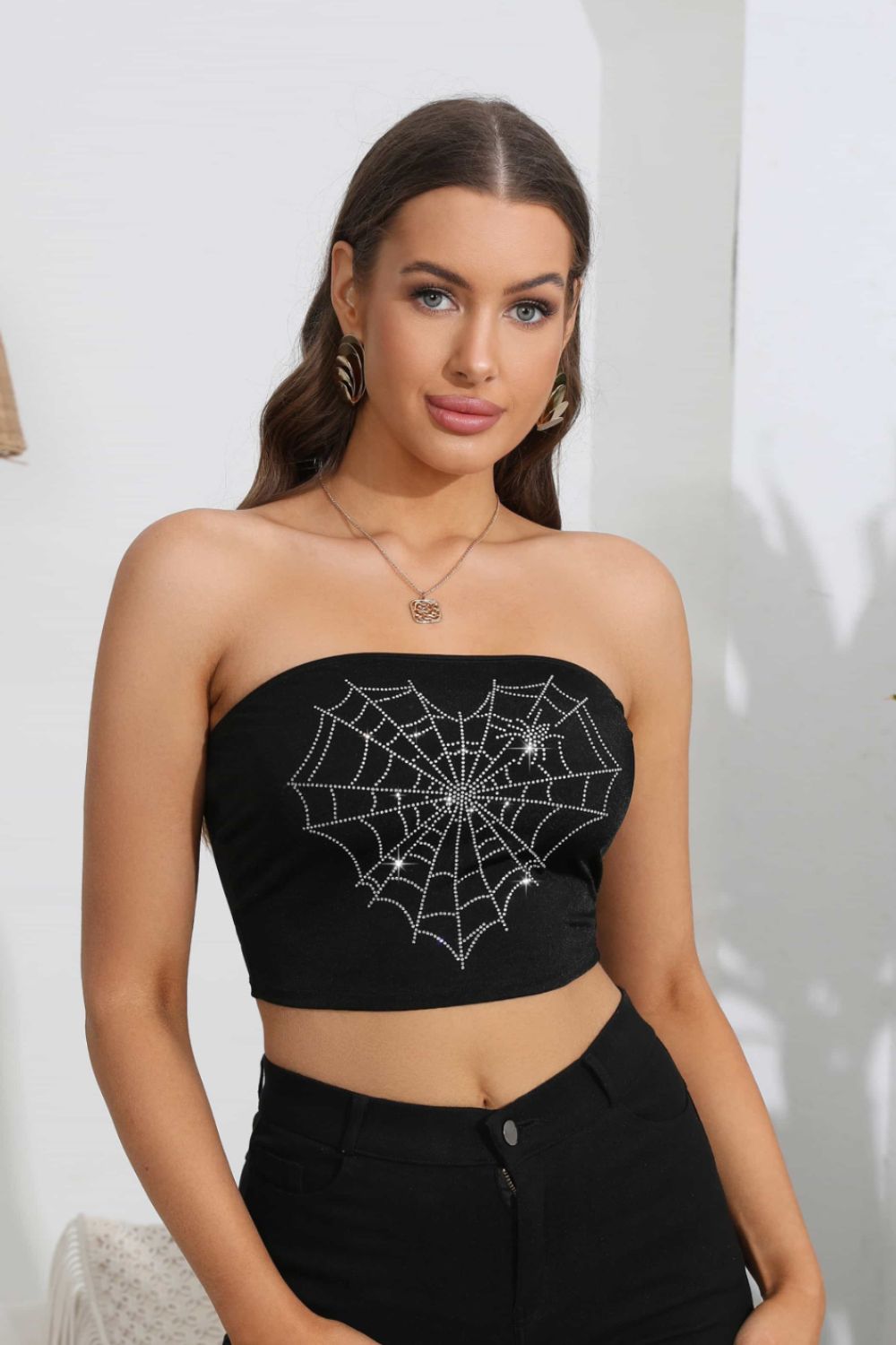 LADIES—TOP—Heart Spider Web Graphic Tube Top