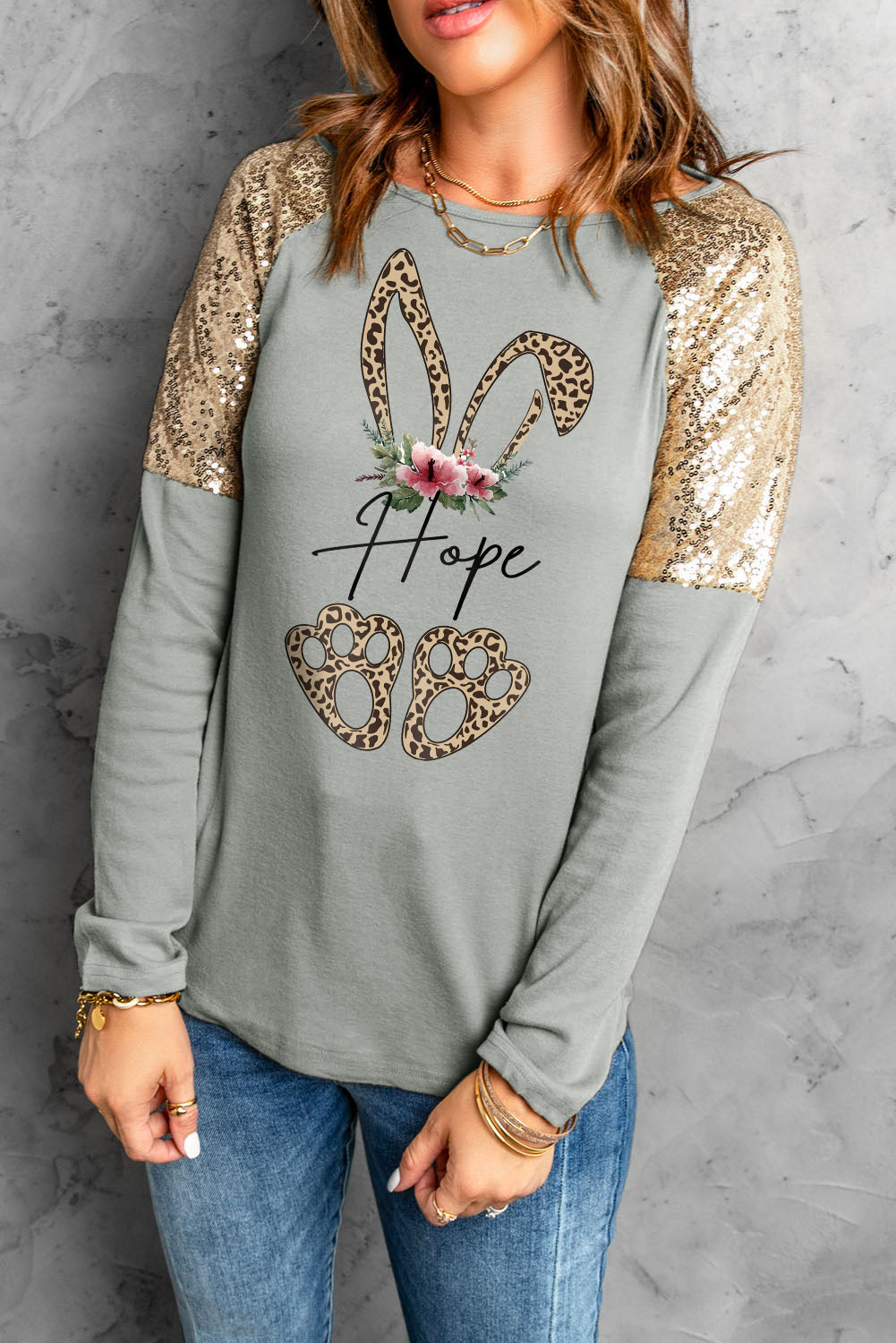 LADIES-T-Shirt—Bunny—Leopard Sequin Round Neck Long Sleeve Top