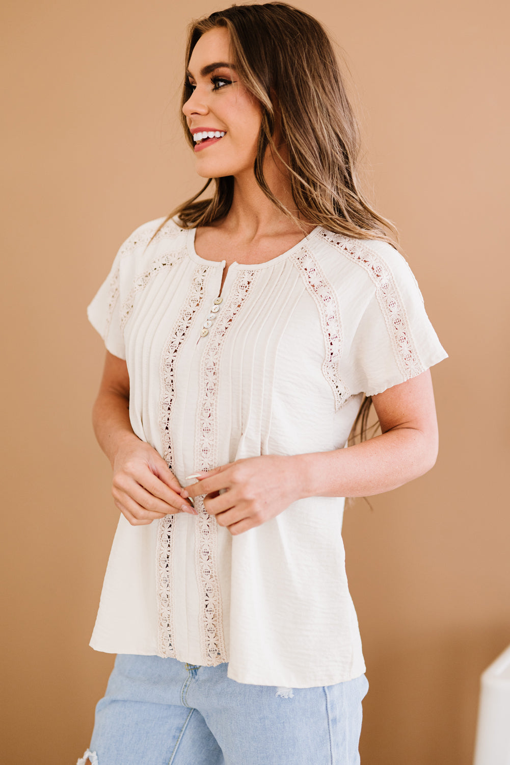 LADIES--Ready for Spring? Beautiful top, Crochet Eyelet Buttoned Short Sleeves