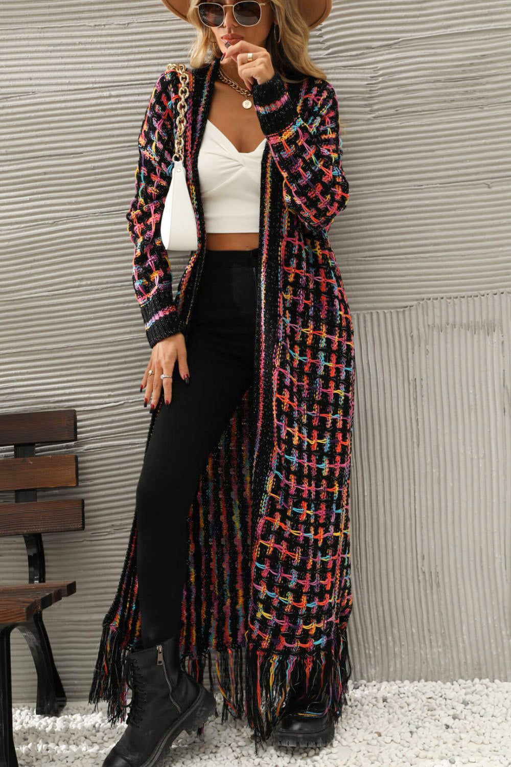 LADIES--Multicolored, Open Front, Fringed Hem, Long Cardigan