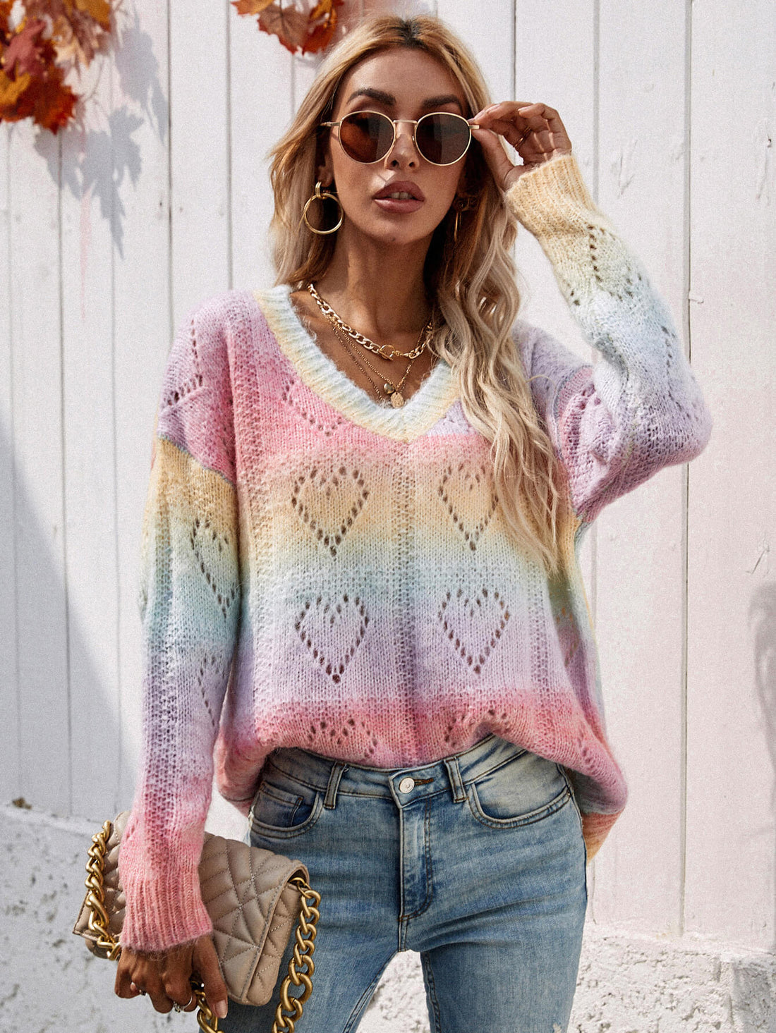 LADIES-HEART-SWEATER--Tie-Dye V-Neck Drop Shoulder Pullover Sweater