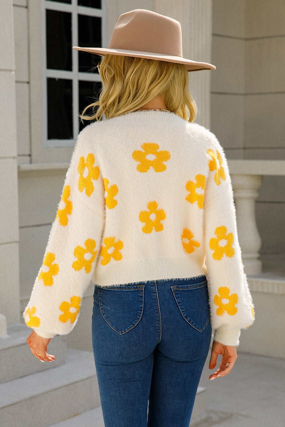 LADIES--SWEATER—Floral Open Front Fuzzy Cardigan—  Make your own statement