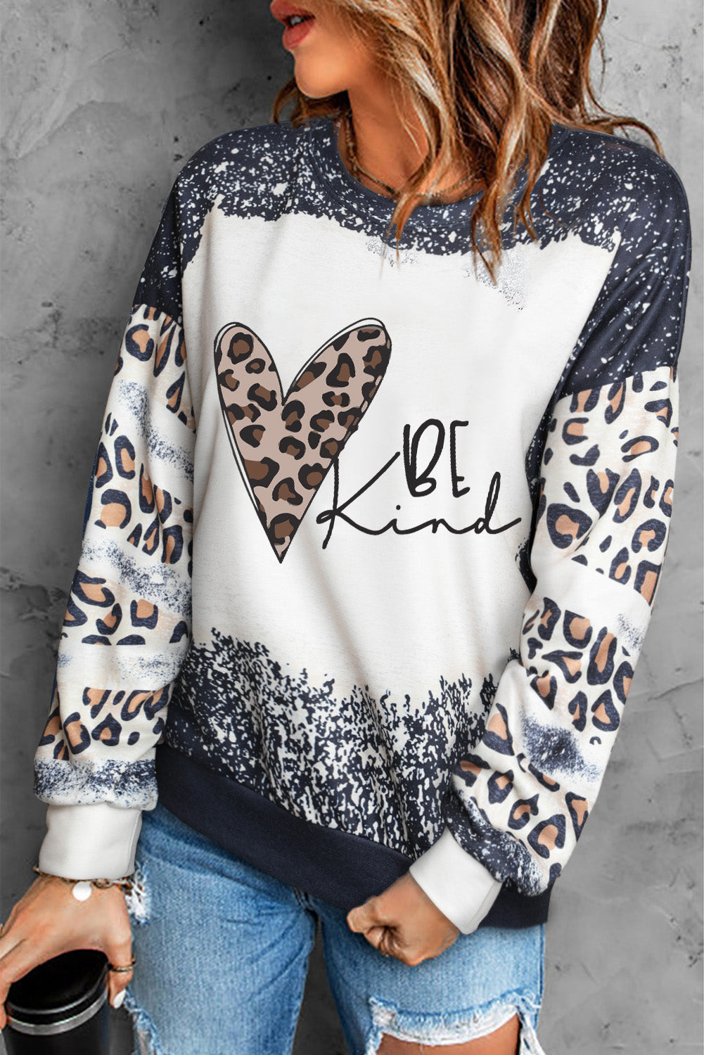 LADIES TOP—BE KIND--Sweatshirt, Mixed Print Drop Shoulder