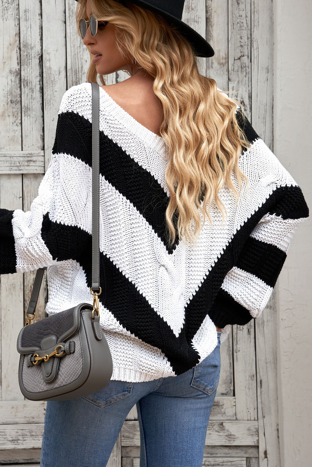 LADIES--Sexy, Off-The-Shoulder, Cable-Knit, V-Neck Sweater