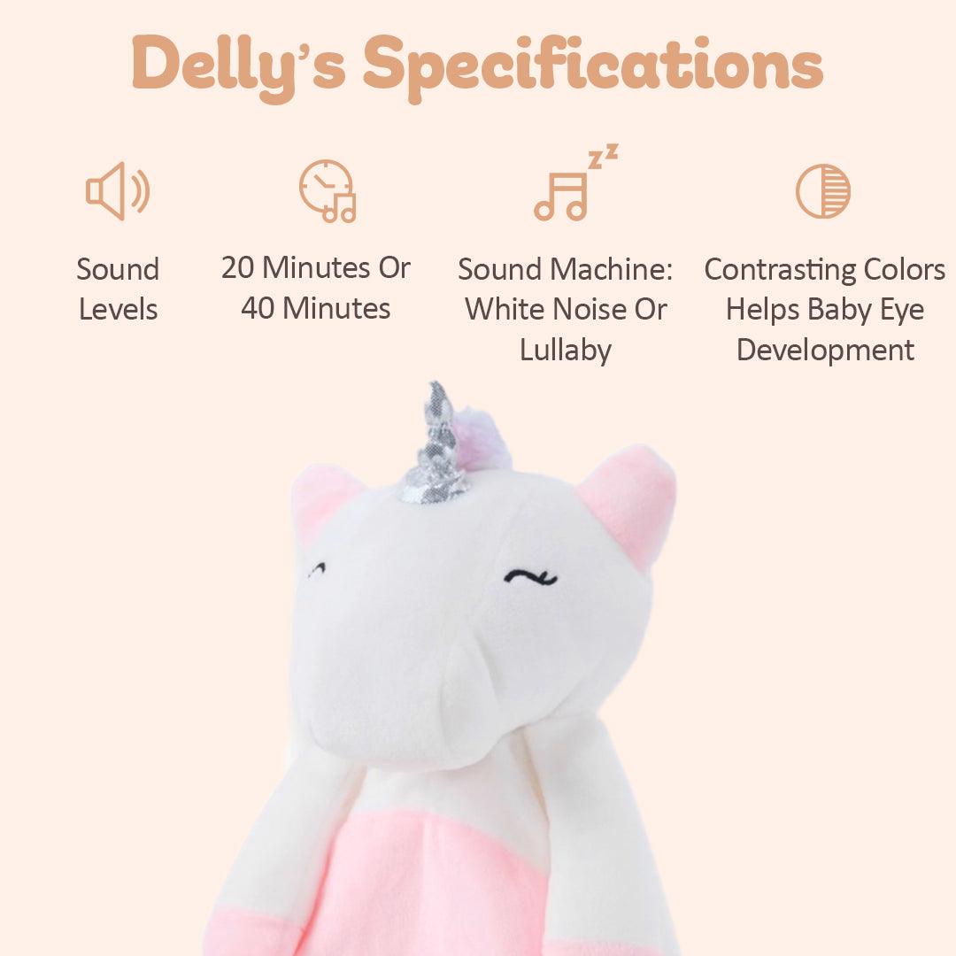 TOY--Maisie the Unicorn with sound machine with choices of: white noise, mixed with a heartbeat or a lullaby.