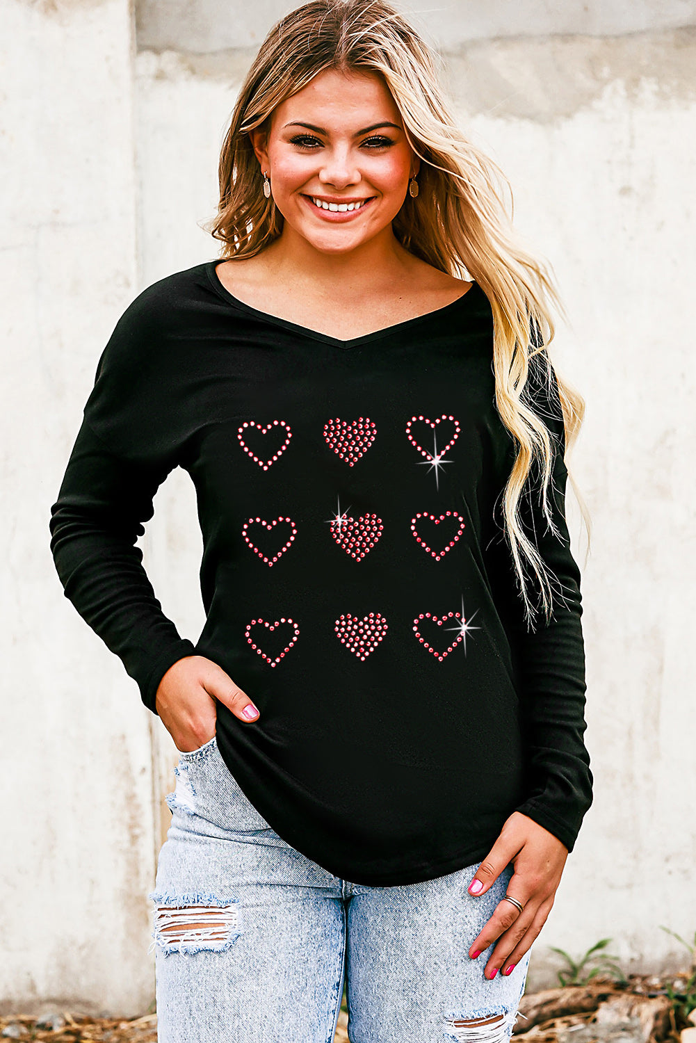 LADIES—Heart V-Neck Long Sleeve Tee