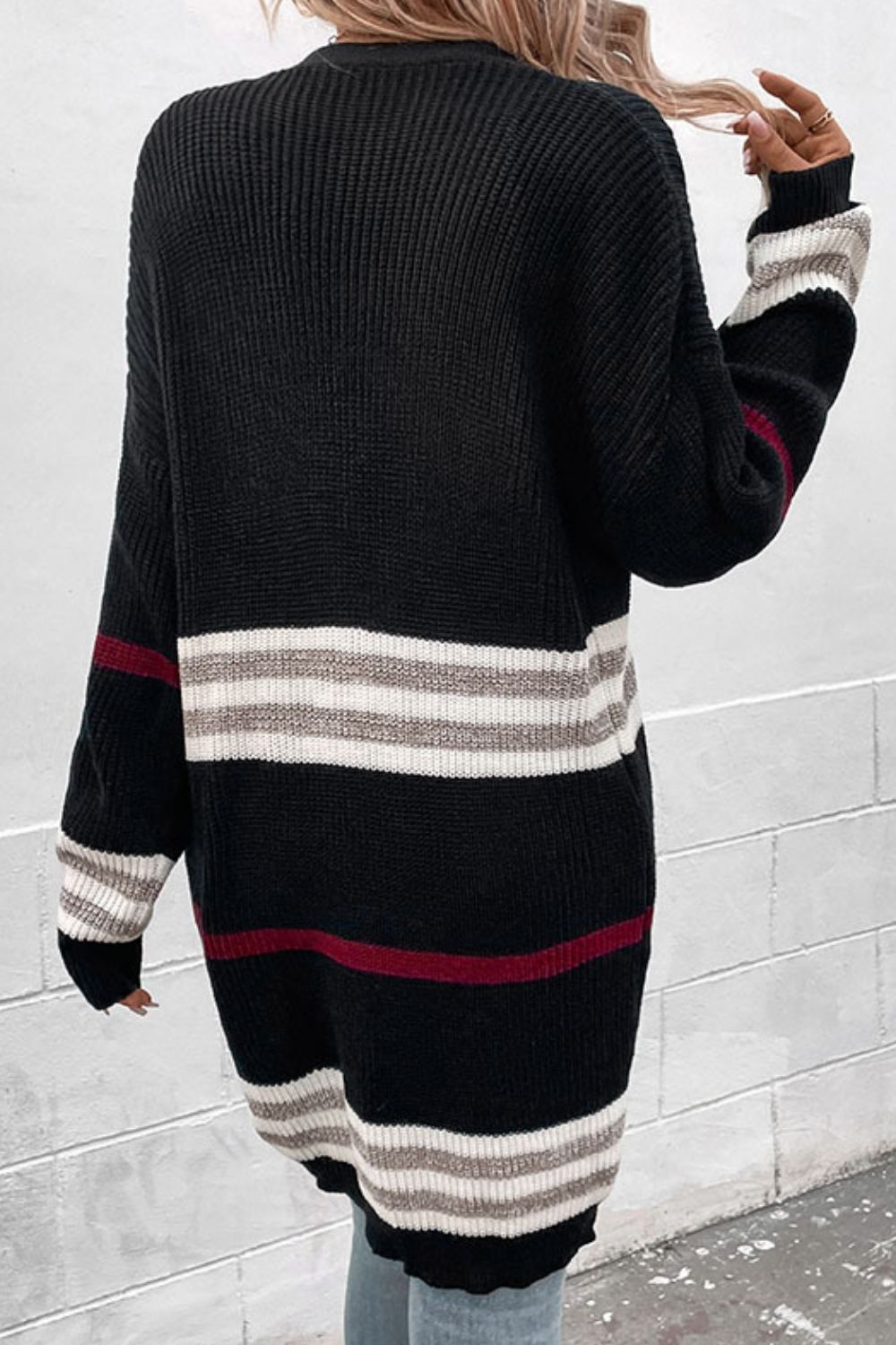 LADIES--SWEATER--Striped, Rib-Knit, Drop Shoulder, Open Front, Mid-Length Cardigan