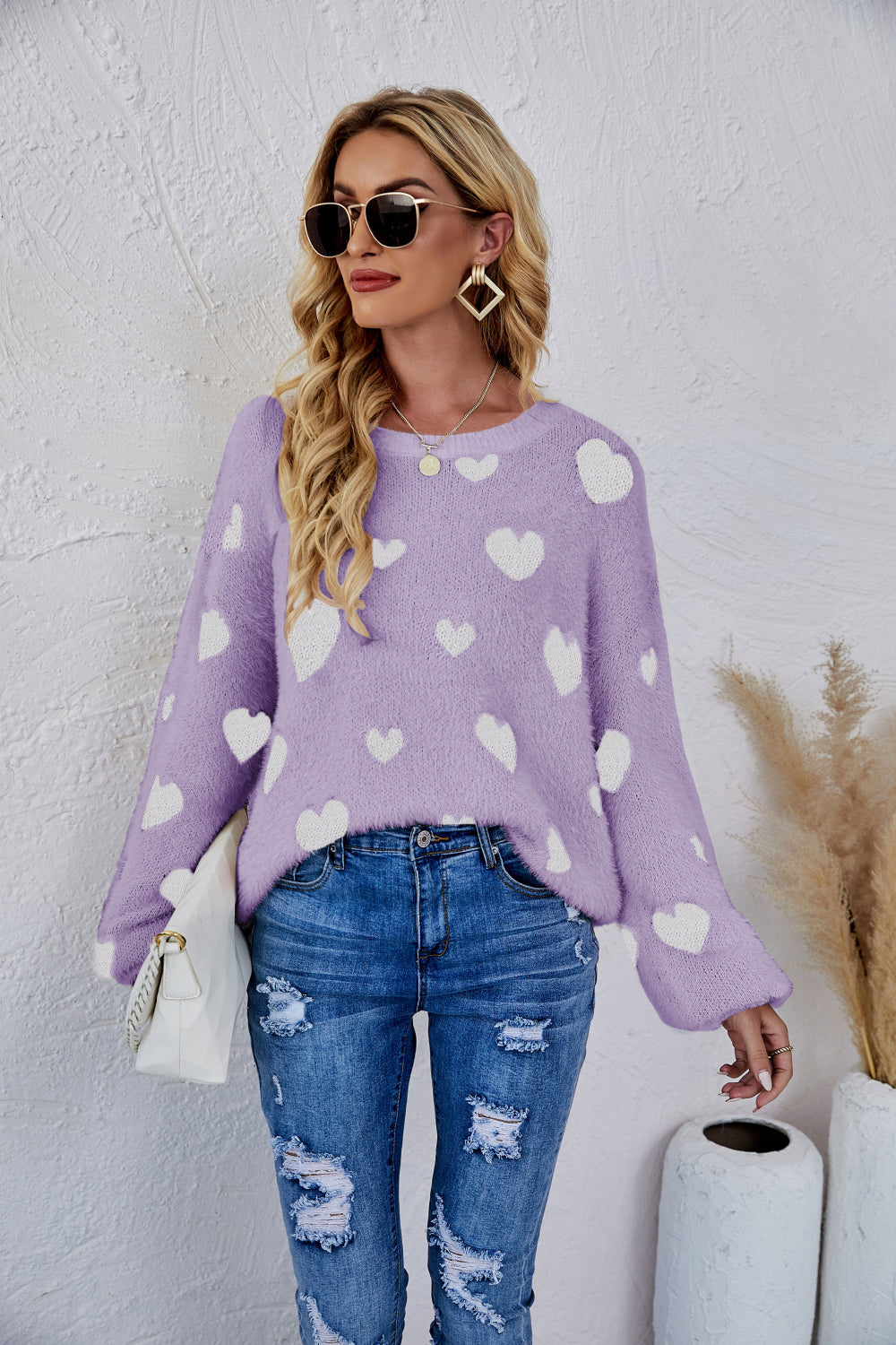 LADIES--HEART Fuzzy, Fun and Beautiful Sweater, Heart Print, Crewneck Long Sleeve Sweater