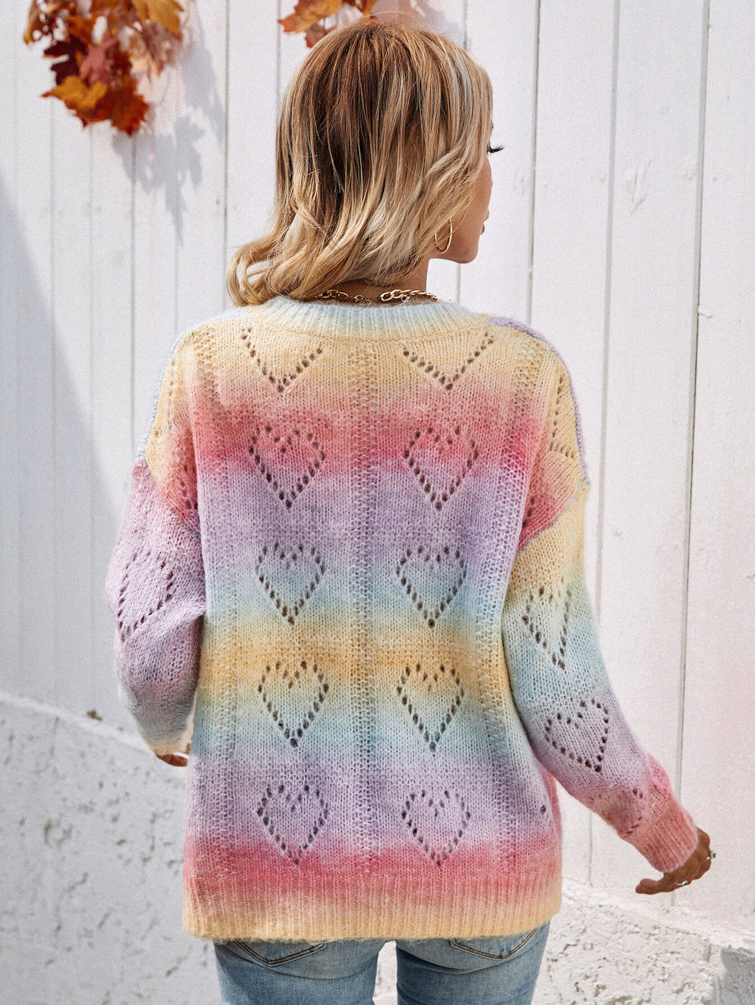 LADIES-HEART-SWEATER--Tie-Dye V-Neck Drop Shoulder Pullover Sweater