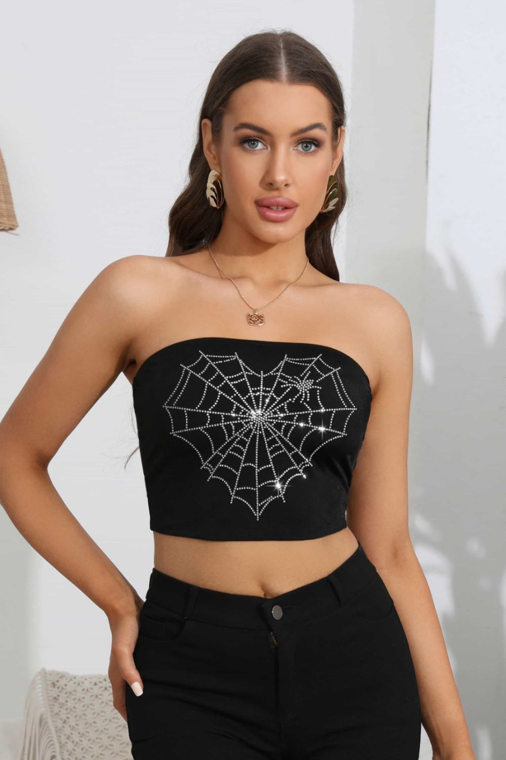 LADIES—TOP—Heart Spider Web Graphic Tube Top