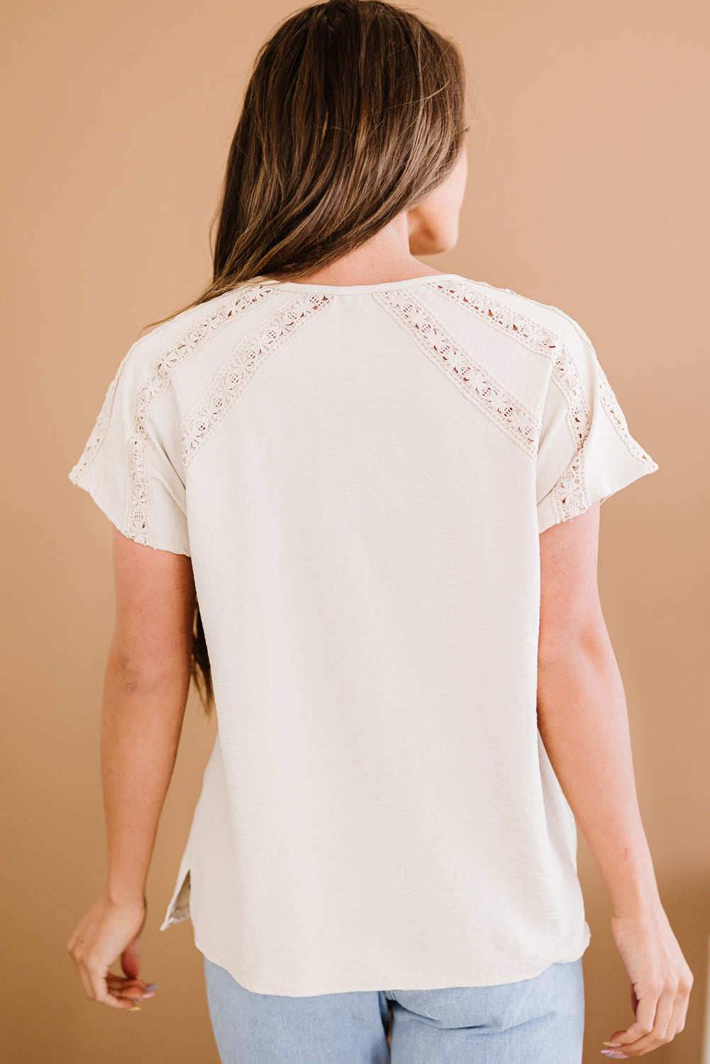 LADIES--Ready for Spring? Beautiful top, Crochet Eyelet Buttoned Short Sleeves