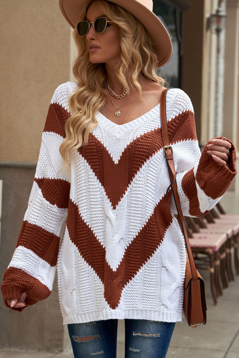 LADIES--Sexy, Off-The-Shoulder, Cable-Knit, V-Neck Sweater