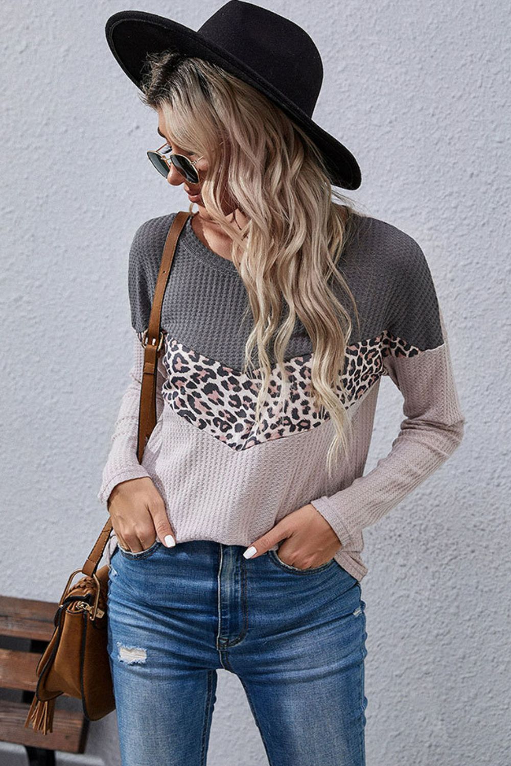 LADIES-SHIRT—HEART—Leopard Color Block Waffle-Knit Long Sleeve Top