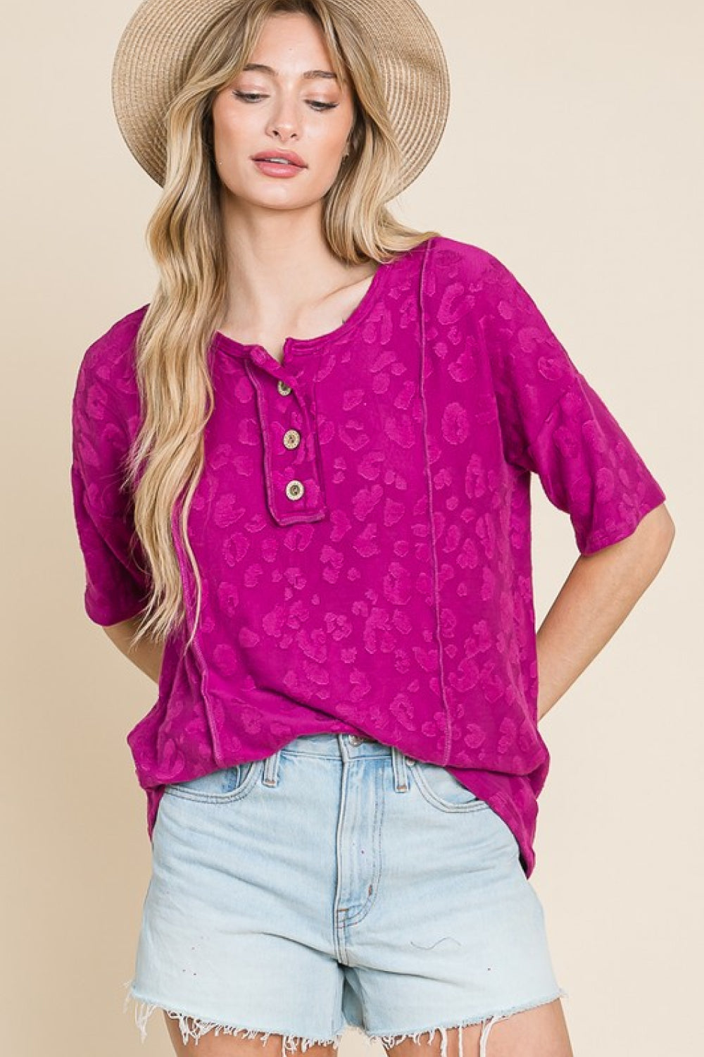 LADIES--Beautiful magenta, animal print textured Top, by BOMBOM