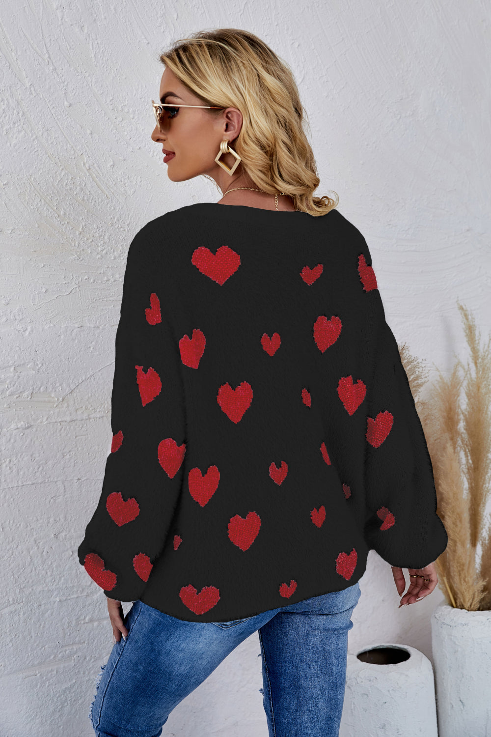LADIES--HEART Fuzzy, Fun and Beautiful Sweater, Heart Print, Crewneck Long Sleeve Sweater