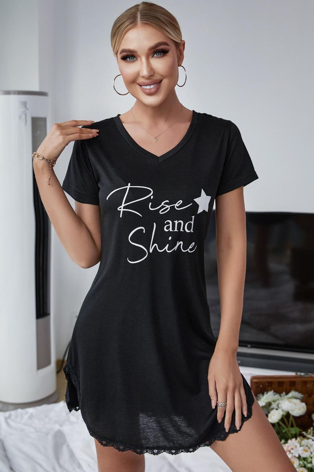 LADIES--Lounge in Style, Fun T-Shirt Dress--"RISE AND SHINE", Contrast Lace V-Neck T-Shirt Dress