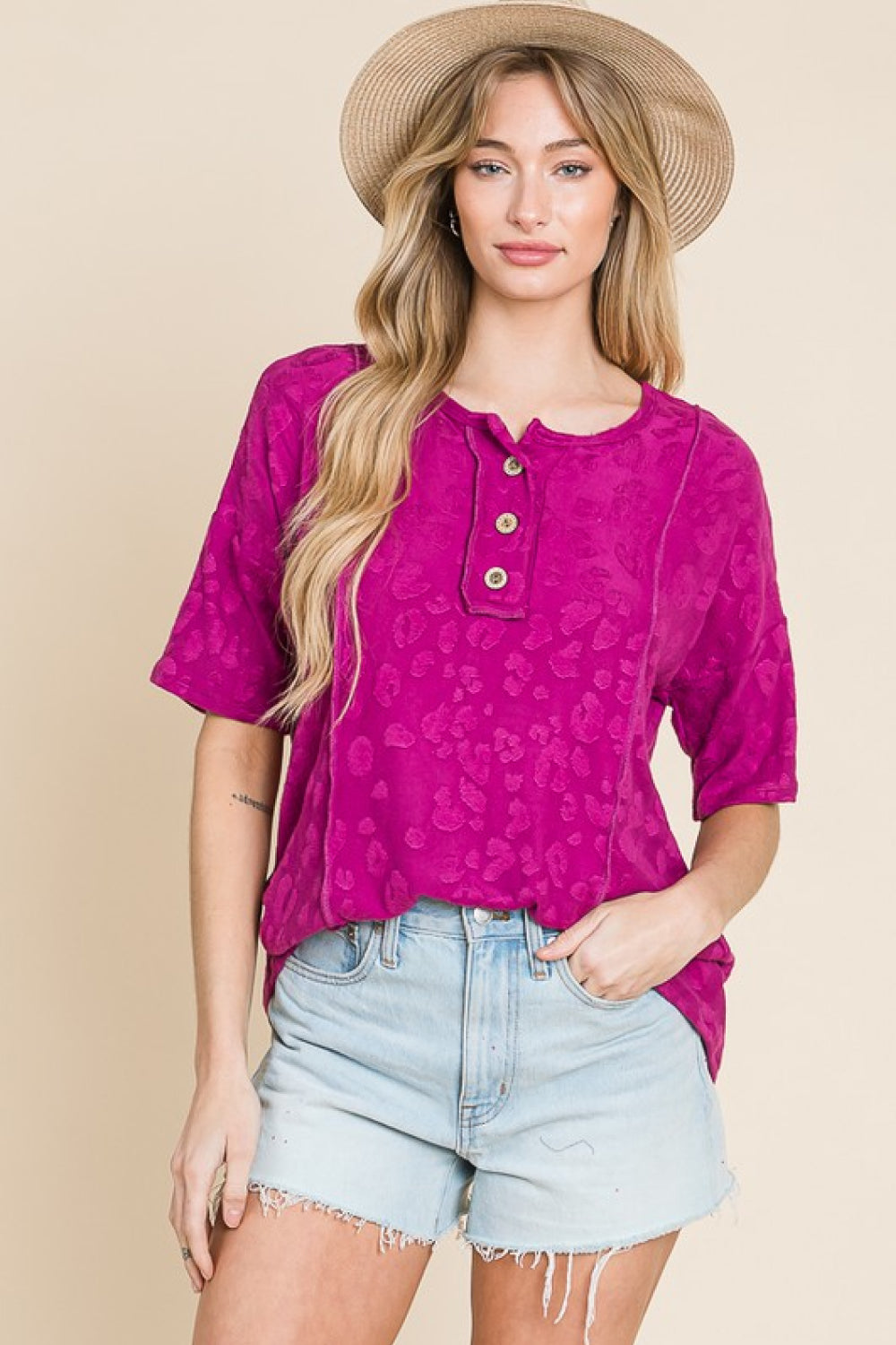 LADIES--Beautiful magenta, animal print textured Top, by BOMBOM