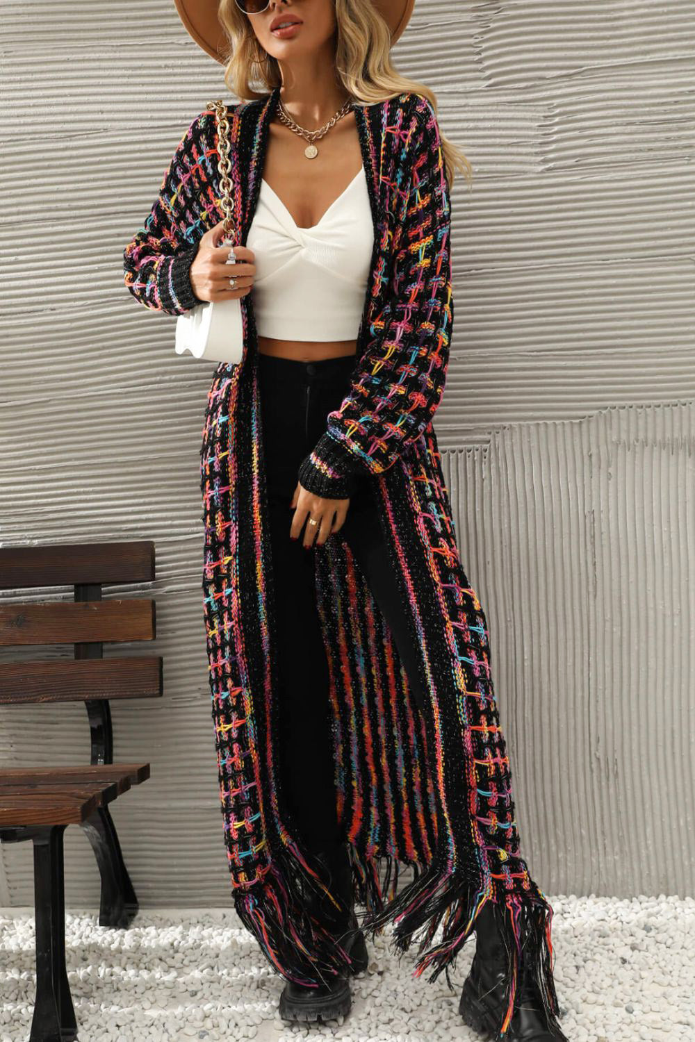 LADIES--Multicolored, Open Front, Fringed Hem, Long Cardigan