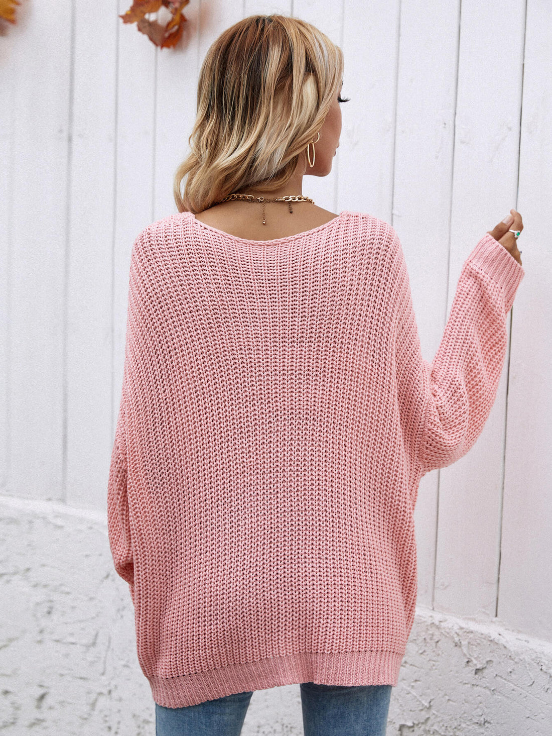 LADIES--Rib-Knit Drop Shoulder V-Neck Pullover Sweater