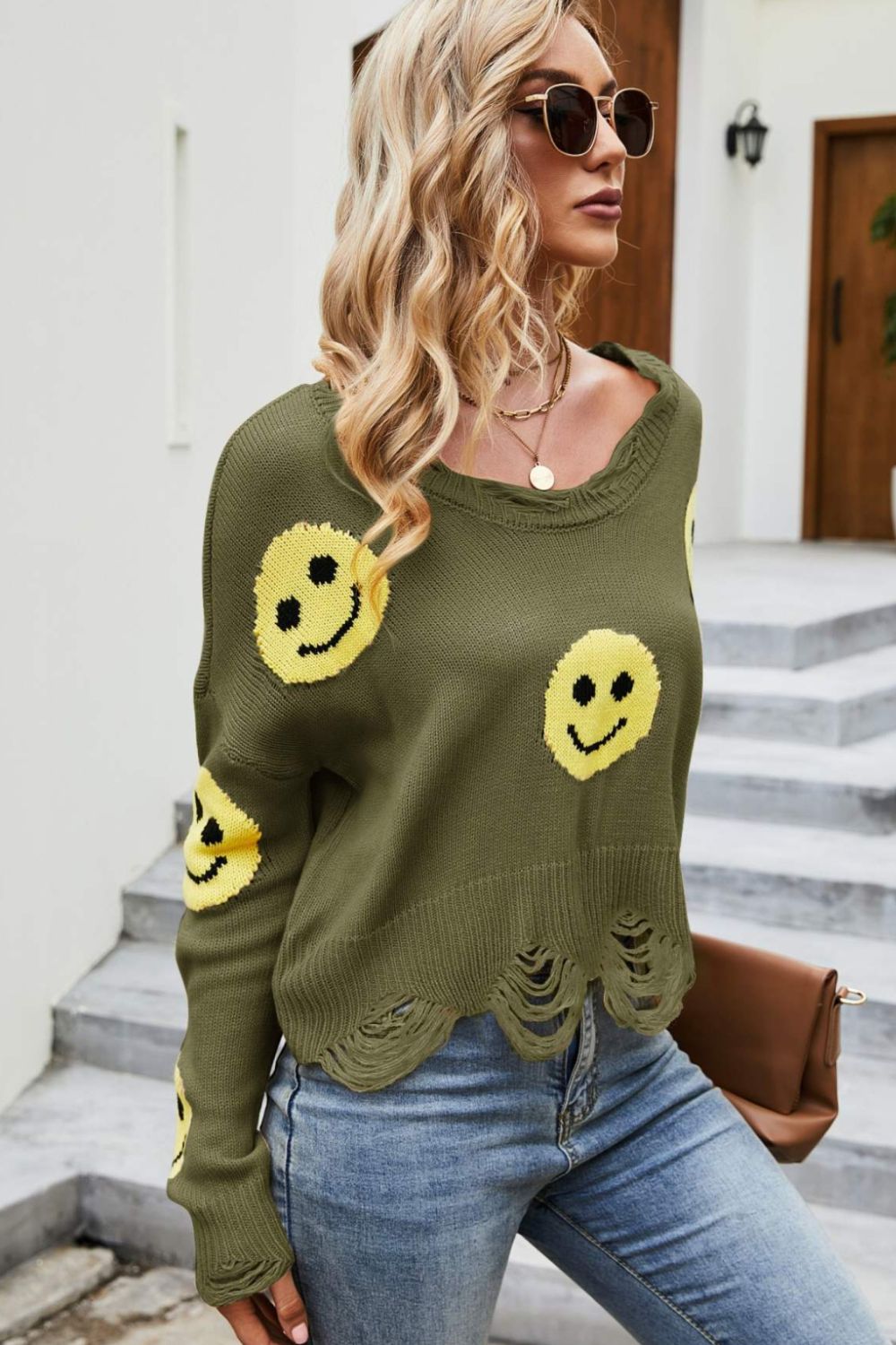 LADIES--Smiley Face Distressed Round Neck Sweater