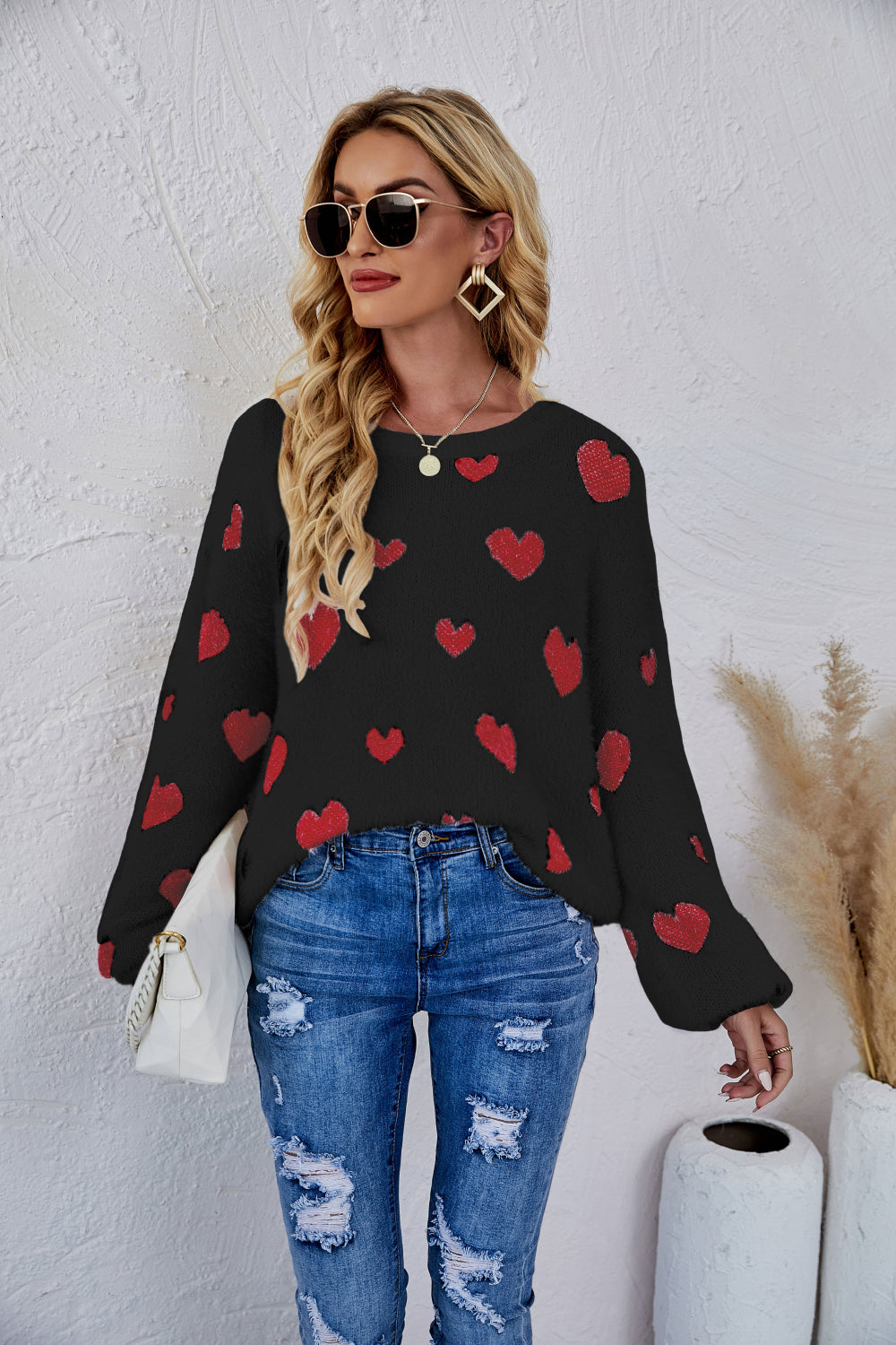 LADIES--HEART Fuzzy, Fun and Beautiful Sweater, Heart Print, Crewneck Long Sleeve Sweater