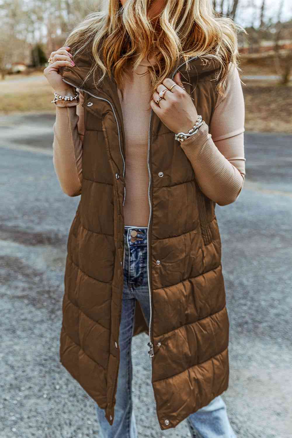 Ladies -- Long Vest/Coat -- Long Hooded Sleeveless Puffer Vest