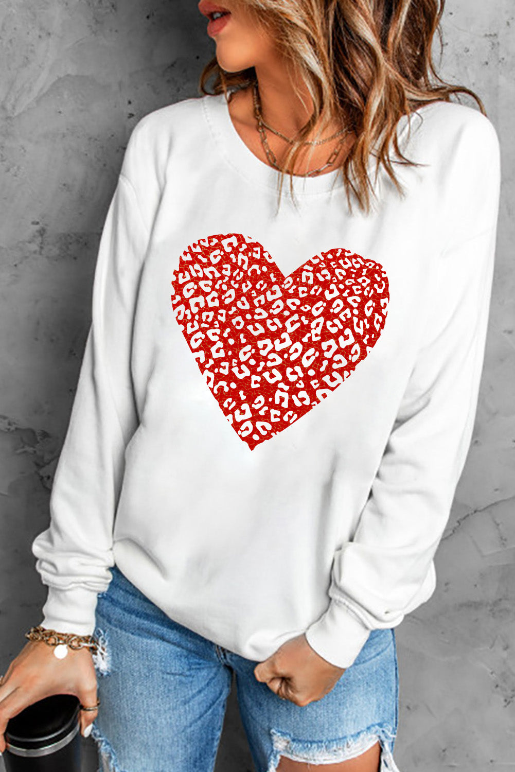 LADIES-HEART--Red and White Heart Graphic, Drop Shoulder Sweatshirt