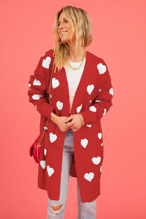 Ladies -- Long Sweater with Hearts - Open Front Cardigan with Pockets